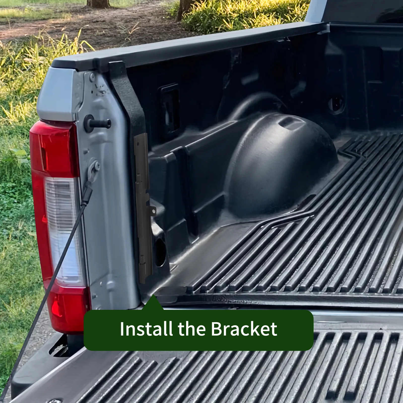 VEVOR truck bed storage box bracket installation in a pickup truck bed.