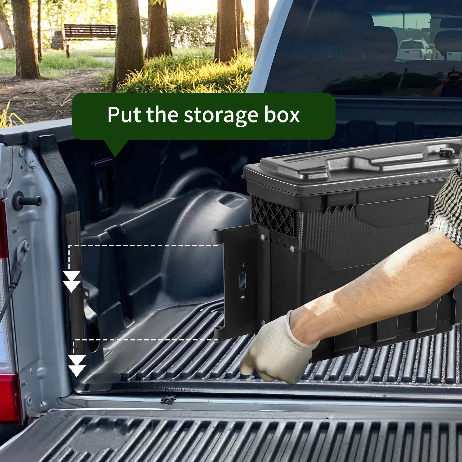 installing VEVOR truck bed storage box in a pickup bed with lush greenery and trees in the background.