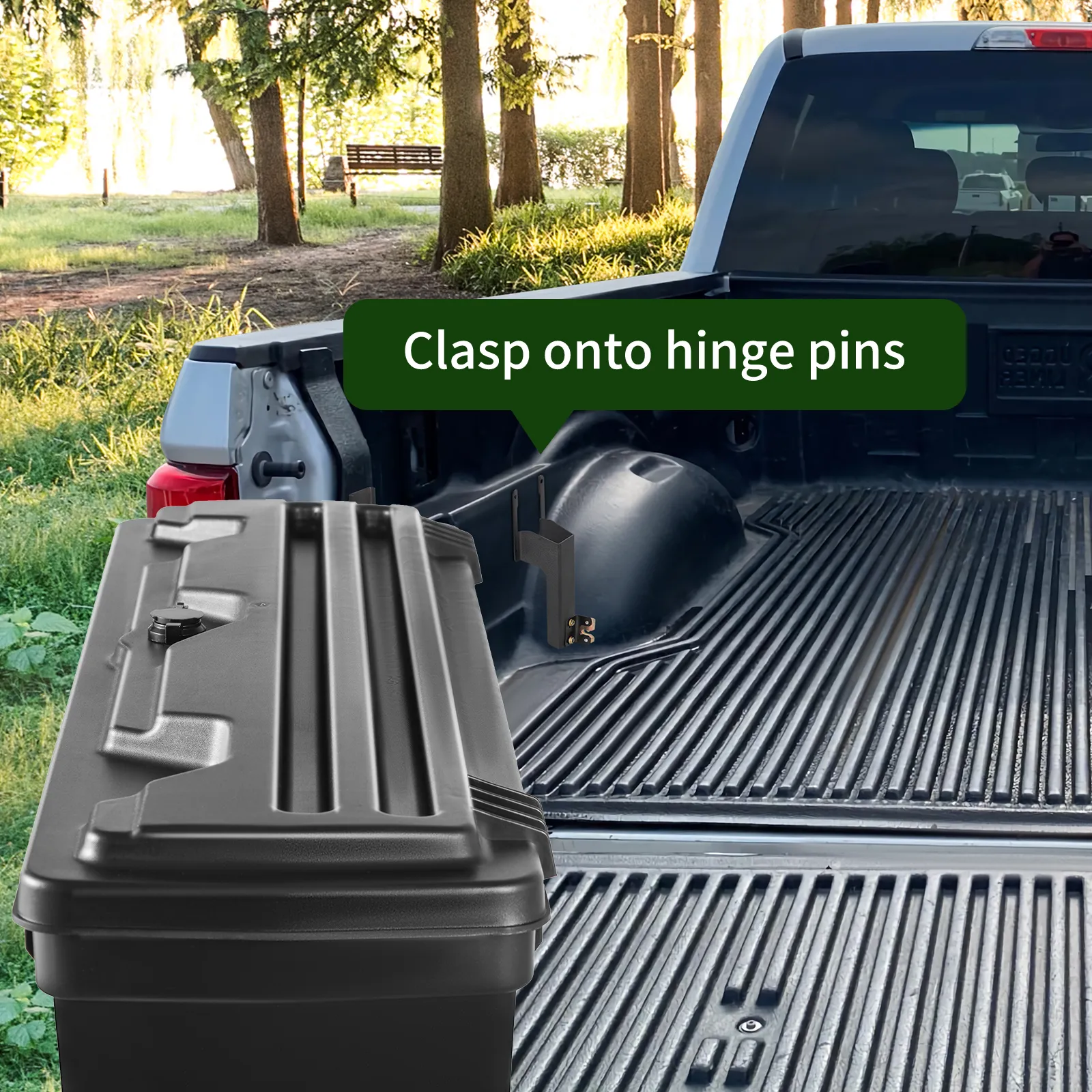 installing VEVOR truck bed storage box on a black truck's bed with trees in the background.