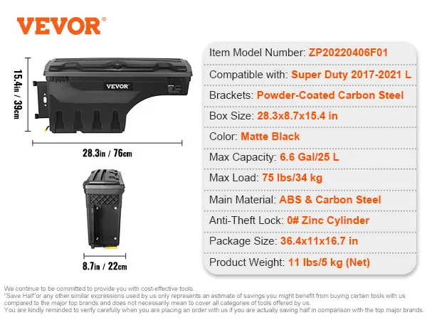 VEVOR truck bed storage box 28.3x8.7x15.4 in, matte black for super duty 2017-2021, abs & carbon steel.