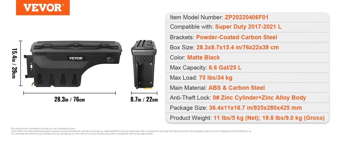 VEVOR truck bed storage box 28.3x8.7x15.4 in, matte black for super duty 2017-2021, abs & carbon steel.