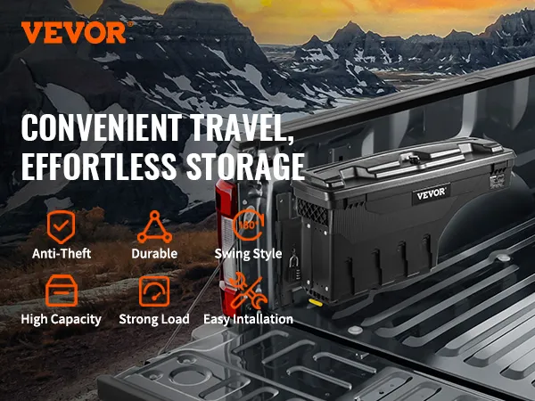 VEVOR truck bed storage box offering anti-theft, durable, high capacity, swing style, and easy installation.