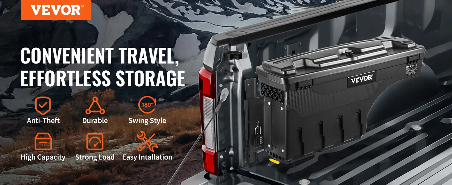 VEVOR truck bed storage box offering anti-theft, durable, high capacity, swing style, and easy installation.