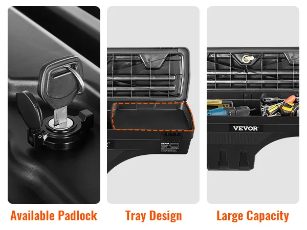 VEVOR truck bed storage box with available padlock, tray design, and large capacity for tools.