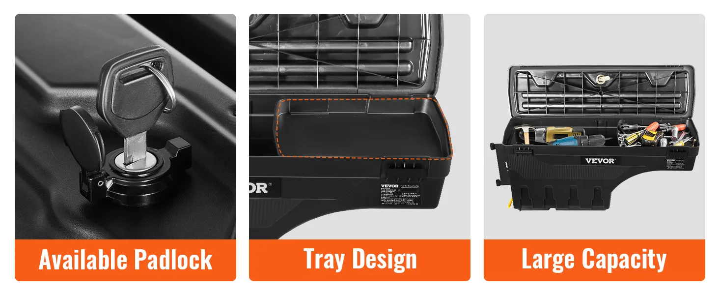 VEVOR truck bed storage box with available padlock, tray design, and large capacity for tools.