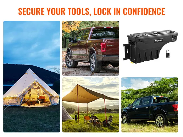 VEVOR truck bed storage box, camping tents, and pickup trucks in outdoor settings.