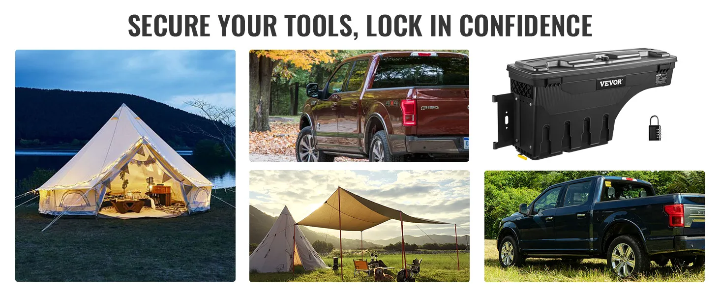 VEVOR truck bed storage box, camping tents, and pickup trucks in outdoor settings.