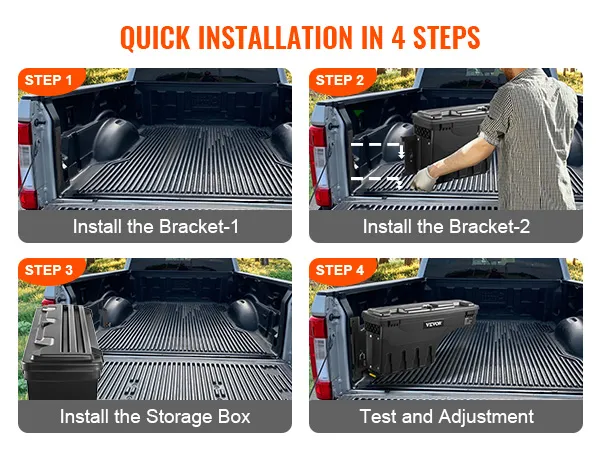 VEVOR truck bed storage box installation in 4 steps in a pickup truck bed with step-by-step visuals.