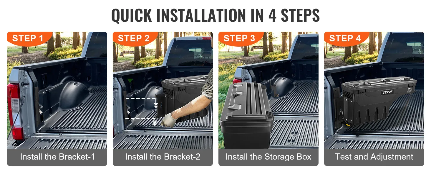 VEVOR truck bed storage box installation in 4 steps in a pickup truck bed with step-by-step visuals.