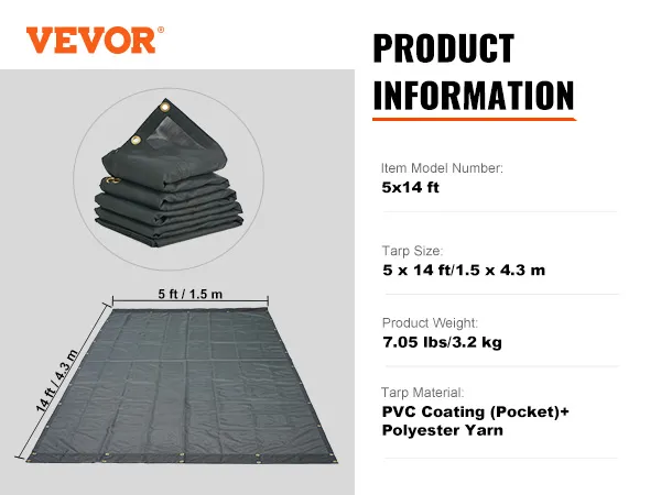 VEVOR dump truck mesh tarp, 5x14 ft with pvc coating and polyester yarn, folded and laid out.