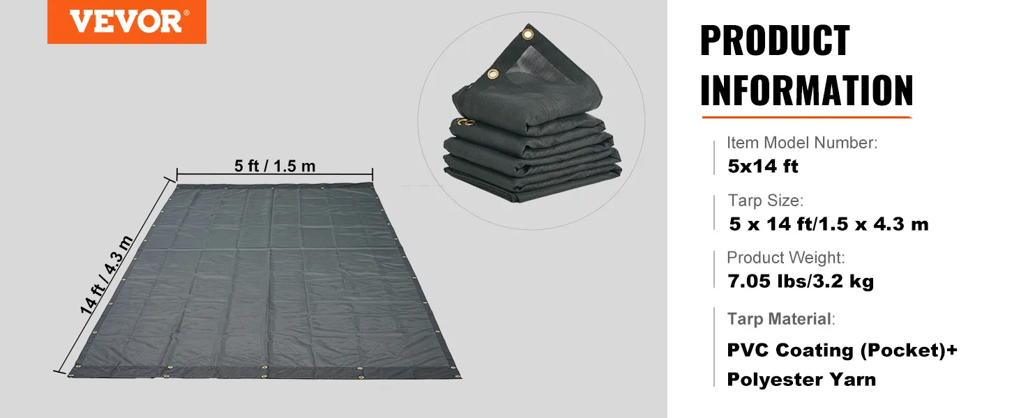 VEVOR dump truck mesh tarp, 5x14 ft with pvc coating and polyester yarn, folded and laid out.