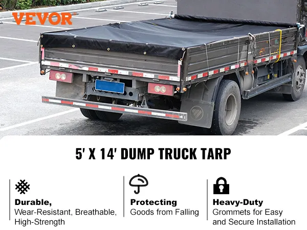 VEVOR dump truck mesh tarp covering a truck bed for durable and secure cargo protection.