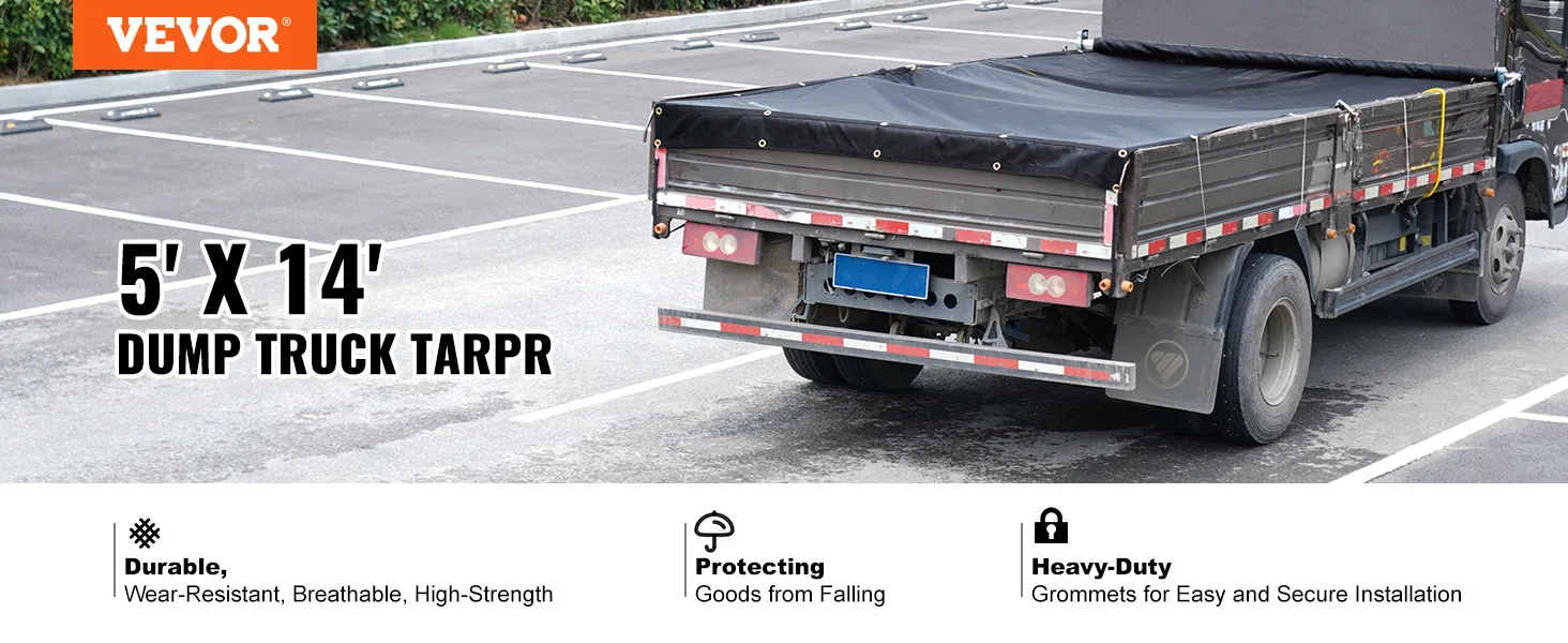 VEVOR dump truck mesh tarp covering a truck bed for durable and secure cargo protection.