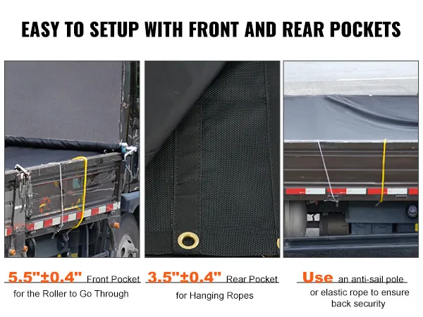 VEVOR dump truck mesh tarp with front and rear pockets, easy setup, and anti-sail pole for security.