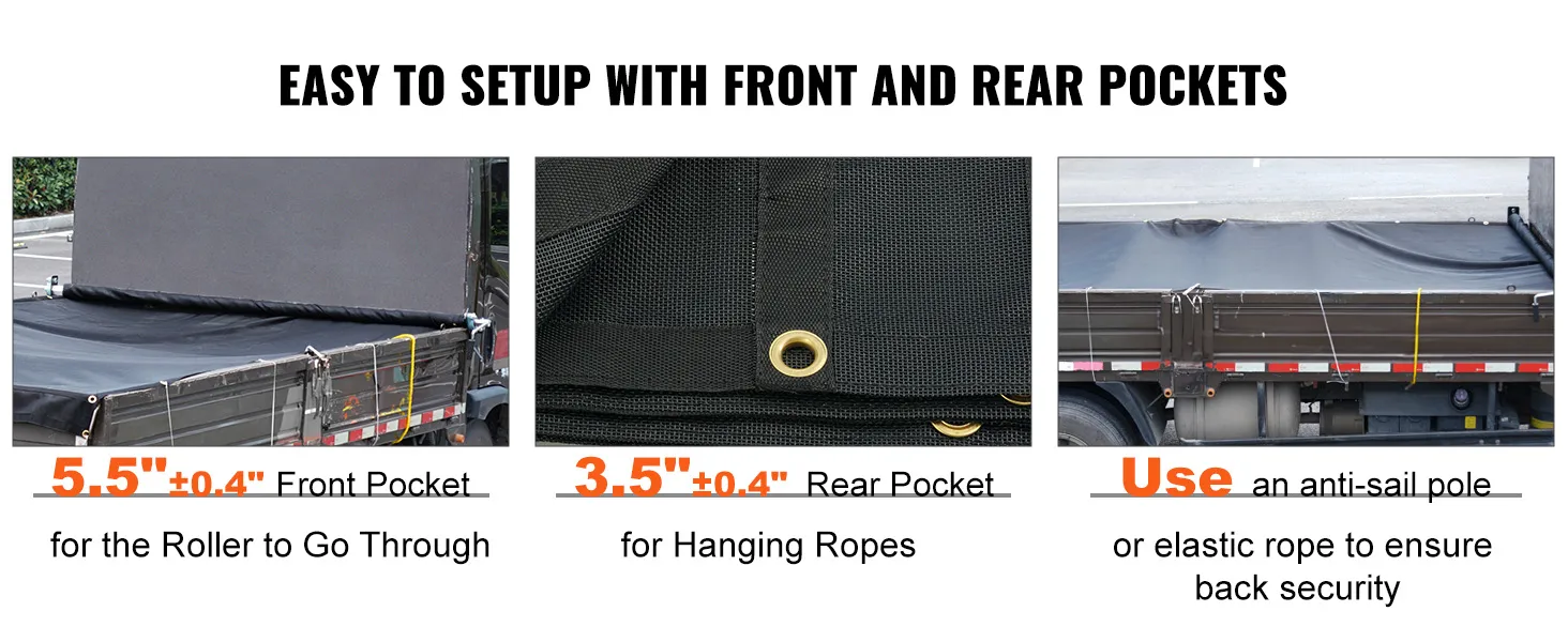 VEVOR dump truck mesh tarp with front and rear pockets, easy setup, and anti-sail pole for security.