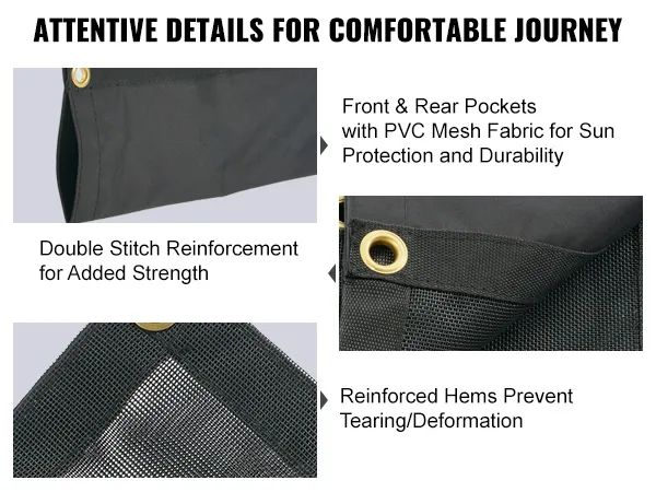 VEVOR dump truck mesh tarp features pvc mesh fabric, double stitch reinforcement, and reinforced hems.