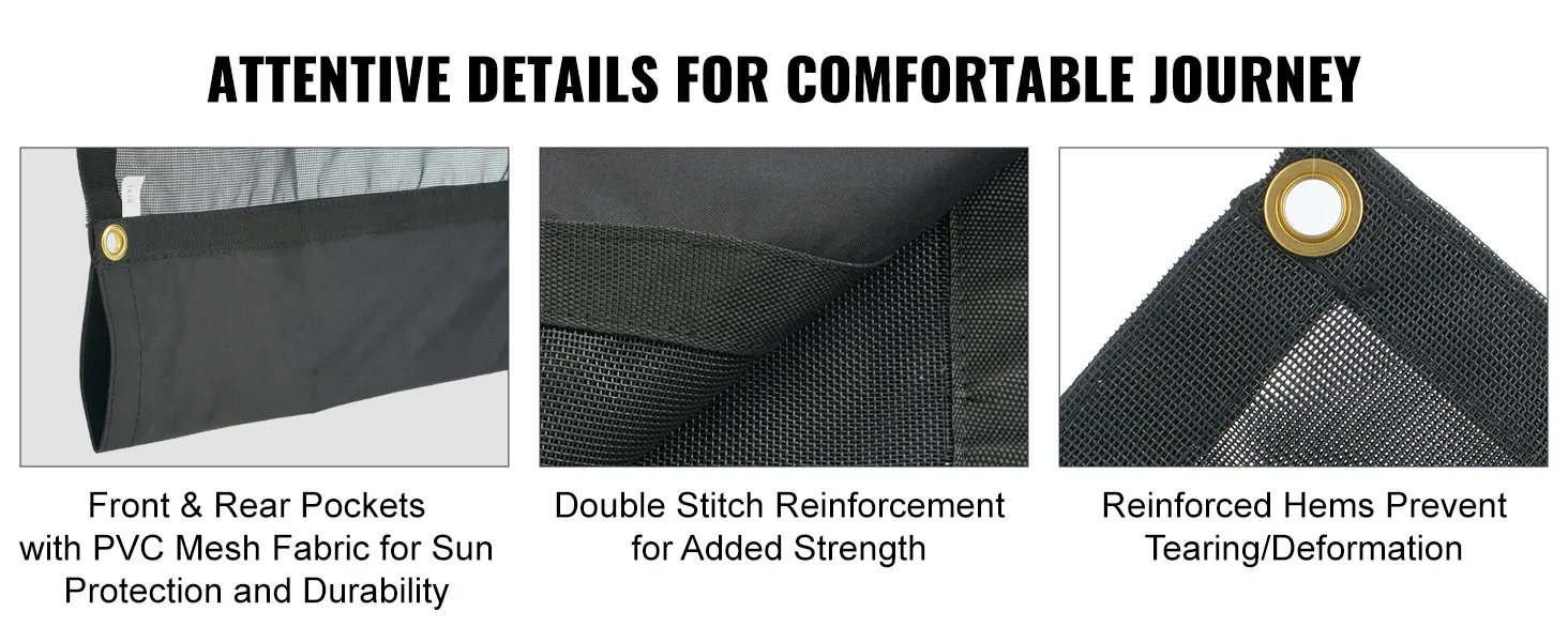 VEVOR dump truck mesh tarp features pvc mesh fabric, double stitch reinforcement, and reinforced hems.