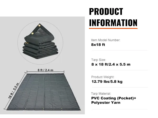 VEVOR dump truck mesh tarp 8x18 ft, folded and unfolded, made of pvc-coated polyester yarn.