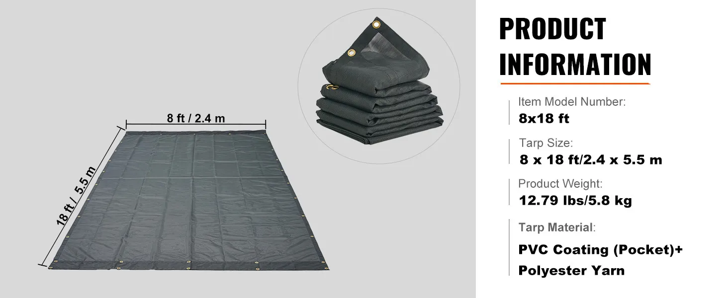 VEVOR dump truck mesh tarp 8x18 ft, folded and unfolded, made of pvc-coated polyester yarn.