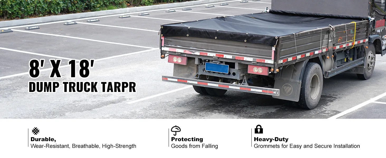 VEVOR dump truck mesh tarp, 8' x 18', durable, heavy-duty, breathable, protects goods from falling.