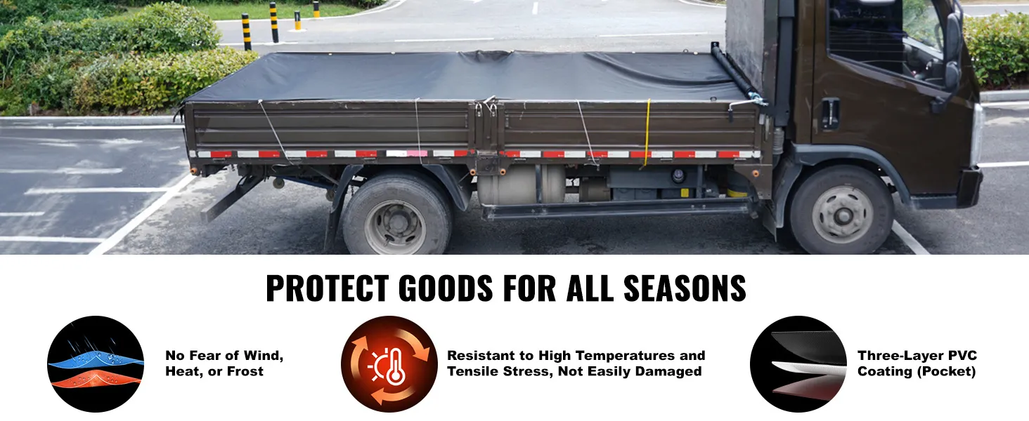 VEVOR dump truck mesh tarp covering cargo, protecting goods from wind, heat, and frost, with pvc coating.