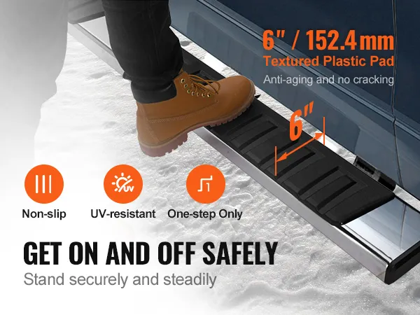 VEVOR running boards installed on a vehicle, showcasing non-slip, uv-resistant, and one-step features.