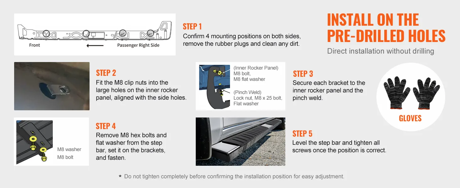 install VEVOR running boards on pre-drilled holes. follow steps: position, clip nuts, brackets, bolts, level.
