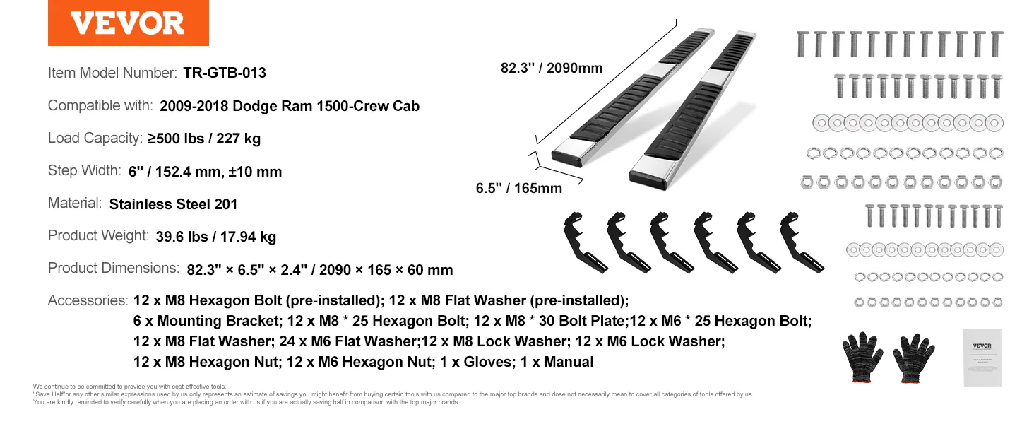 VEVOR-treeplanken voor de Dodge Ram 1500-crew cab van 2009-2018 met roestvrijstalen constructie.
