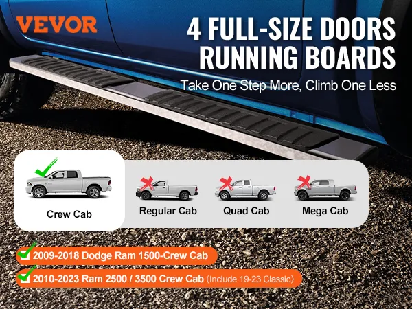 VEVOR treeplanken voor Dodge Ram Crew Cab, geschikt voor Ram 1500 van 2009-2018 en Ram 2500/3500 van 2010-2023.