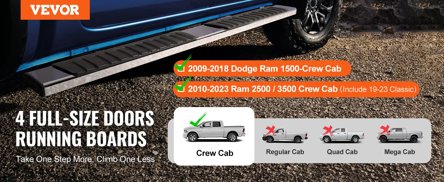 VEVOR treeplanken voor Dodge Ram Crew Cab, geschikt voor Ram 1500 van 2009-2018 en Ram 2500/3500 van 2010-2023.