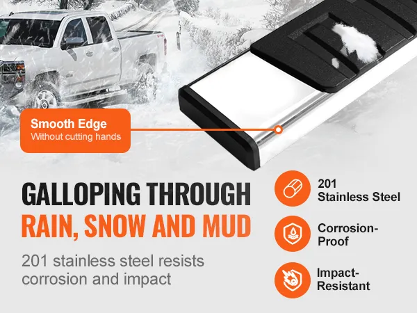 VEVOR-treeplanken zijn bestand tegen regen, sneeuw en modder. Ze zijn gemaakt van roestvrij staal 201 en zijn corrosie- en slagvast.