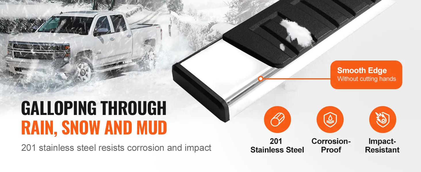 VEVOR-treeplanken zijn bestand tegen regen, sneeuw en modder. Ze zijn gemaakt van roestvrij staal 201 en zijn corrosie- en slagvast.