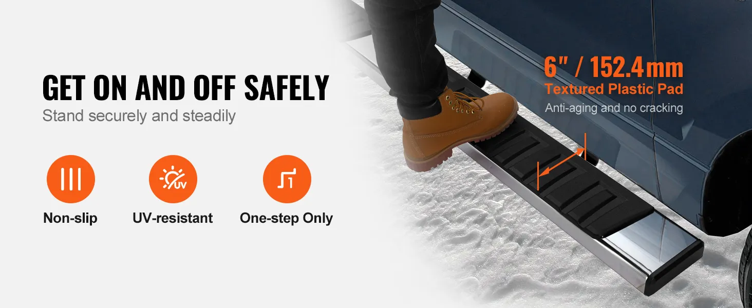 Veilig op- en afstappen met VEVOR-treeplanken, voorzien van antislip, uv-bestendige en anti-verouderingspads.