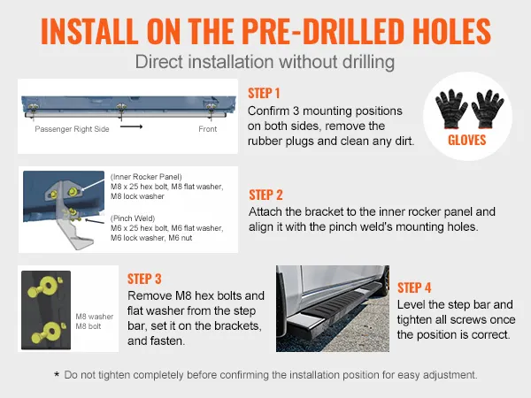 Installatiehandleiding voor VEVOR-treeplanken: stapsgewijze montage-instructies op voorgeboorde gaten.