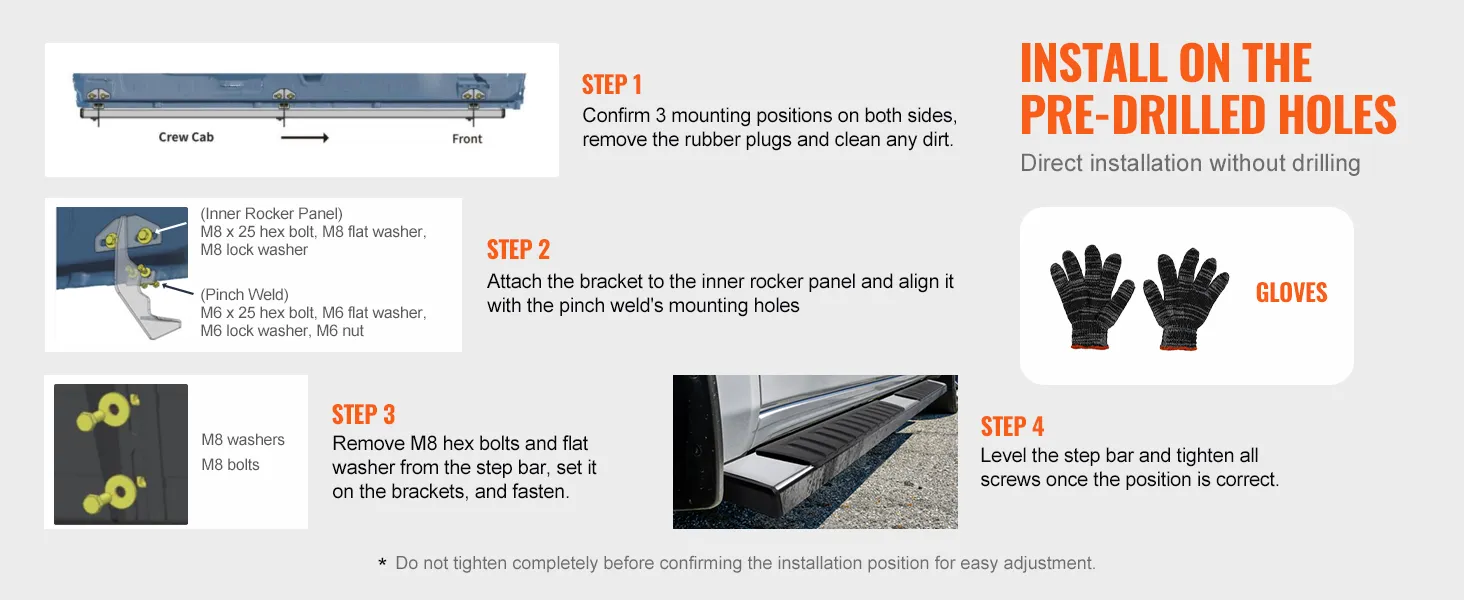 Installatiehandleiding voor VEVOR-treeplanken: stapsgewijze montage-instructies op voorgeboorde gaten.