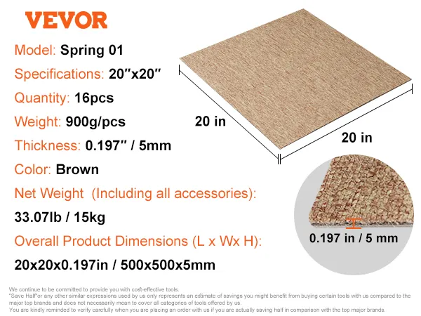 VEVOR carpet tiles spring 01, 20"x20", brown, 16pcs, 900g/pcs, 0.197" thickness.