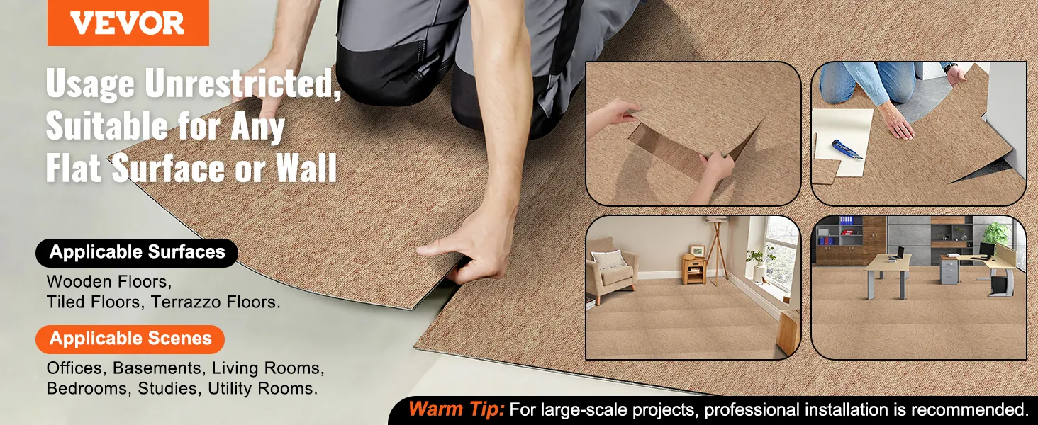 VEVOR carpet tiles being installed on various flat surfaces, ideal for homes and offices.