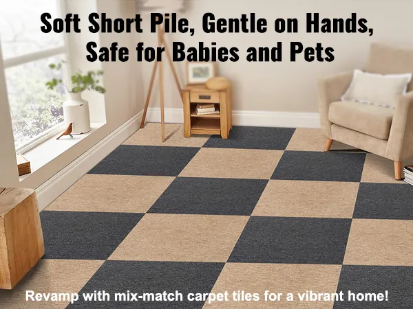 mix-match beige and dark grey VEVOR carpet tiles in a cozy room, diagram showing carpet layers.