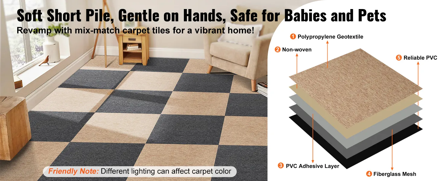 mix-match beige and dark grey VEVOR carpet tiles in a cozy room, diagram showing carpet layers.