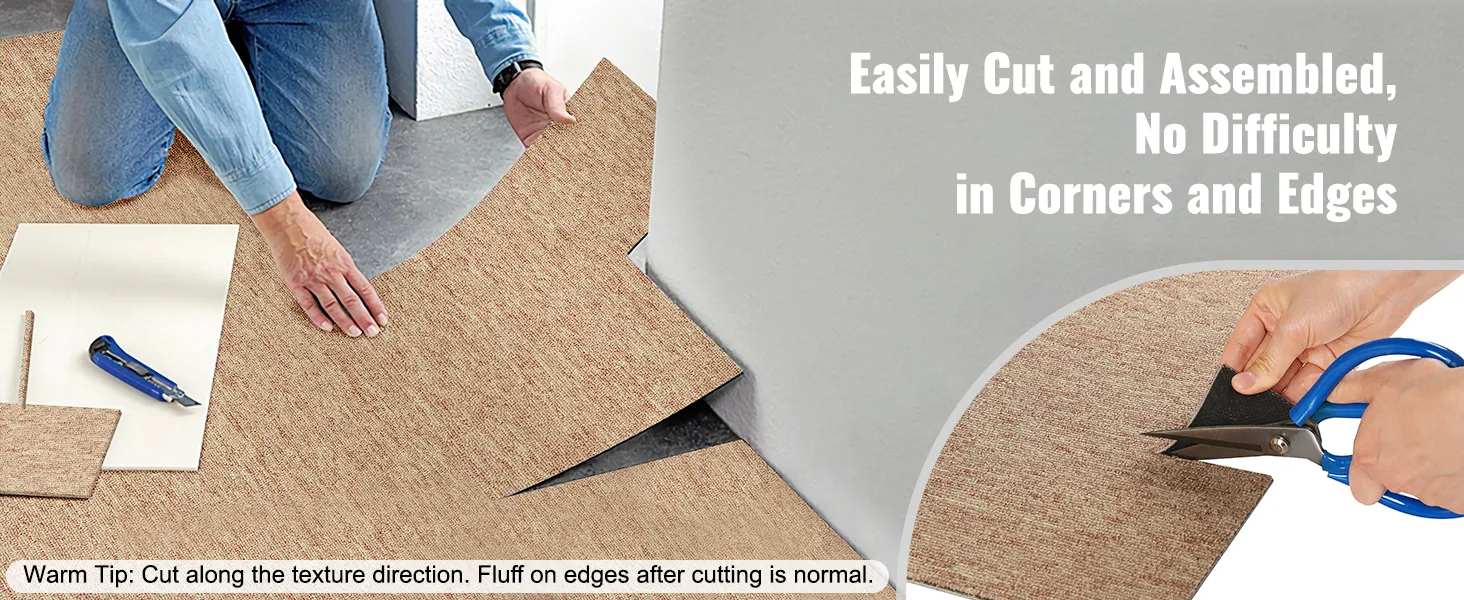person cutting and placing VEVOR carpet tiles, demonstrating easy corner and edge assembly.