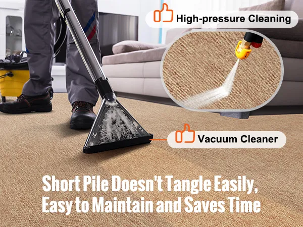 cleaning VEVOR carpet tiles with high-pressure cleaner and vacuum; short pile, easy maintenance.