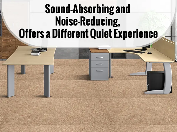 modern office with wooden desks and grey storage cabinets featuring VEVOR carpet tiles for noise reduction.