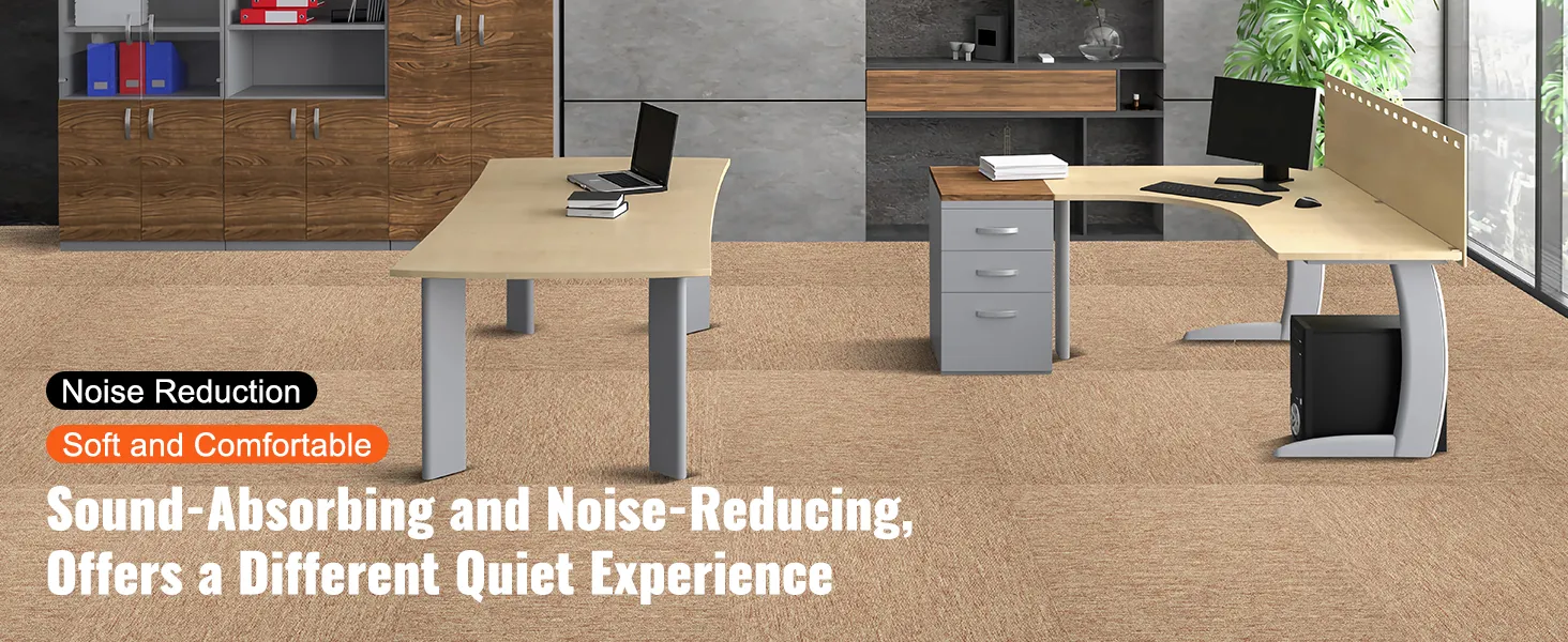 modern office with wooden desks and grey storage cabinets featuring VEVOR carpet tiles for noise reduction.