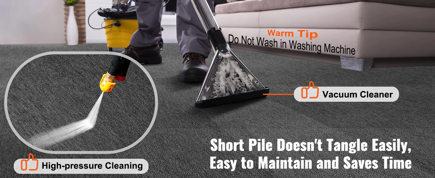 man cleaning VEVOR carpet tiles with vacuum cleaner and high-pressure spray, easy maintenance, short pile.