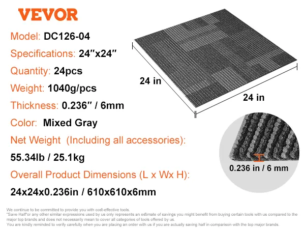 VEVOR carpet tiles, model dc126-04. mixed gray, 24"x24", 0.236"/6mm thick, pack of 24, 25.1kg.