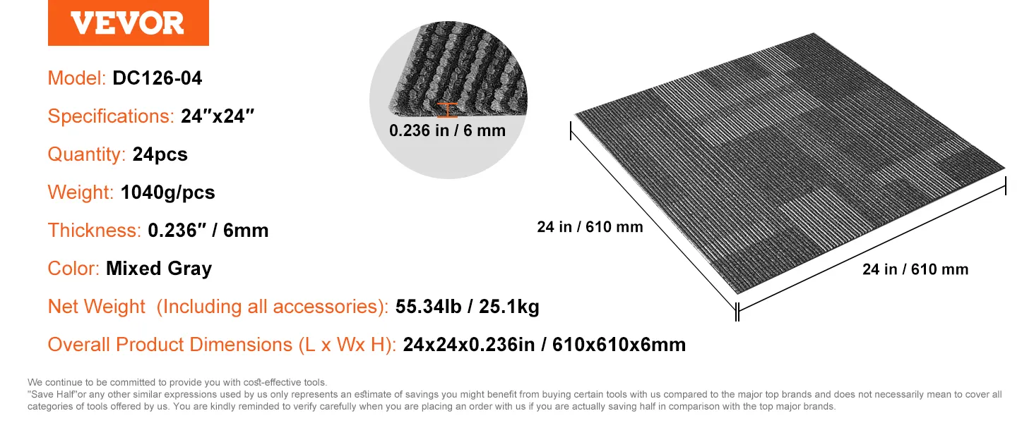 VEVOR carpet tiles, model dc126-04. mixed gray, 24"x24", 0.236"/6mm thick, pack of 24, 25.1kg.