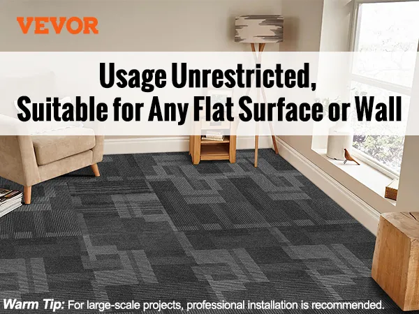VEVOR carpet tiles being installed on various surfaces, suitable for offices, basements, and living rooms.
