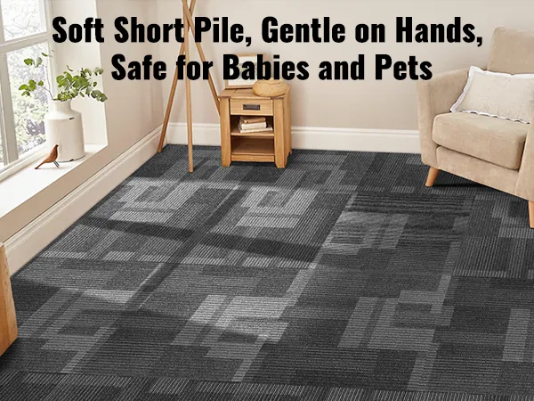 soft, short pile VEVOR carpet tiles, gentle on hands, safe for babies and pets, with detailed fabric layers.