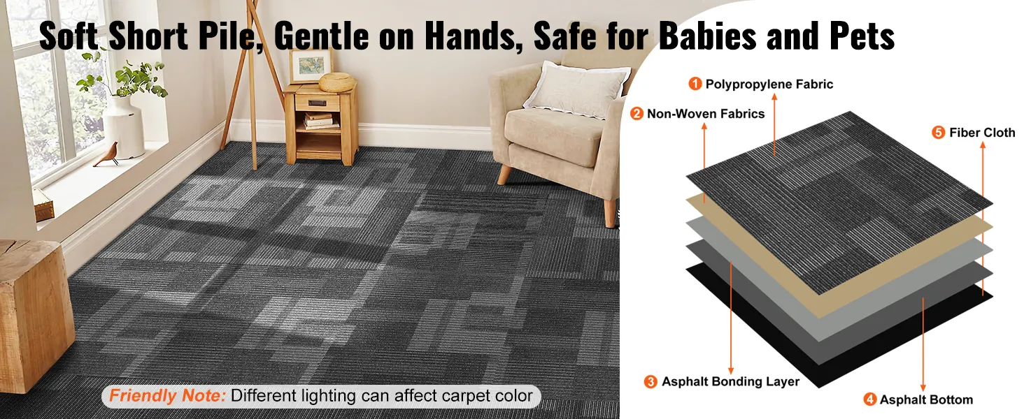 soft, short pile VEVOR carpet tiles, gentle on hands, safe for babies and pets, with detailed fabric layers.