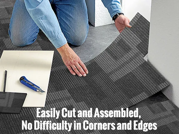 installing VEVOR carpet tiles with ease, cutting and assembling around corners and edges seamlessly.